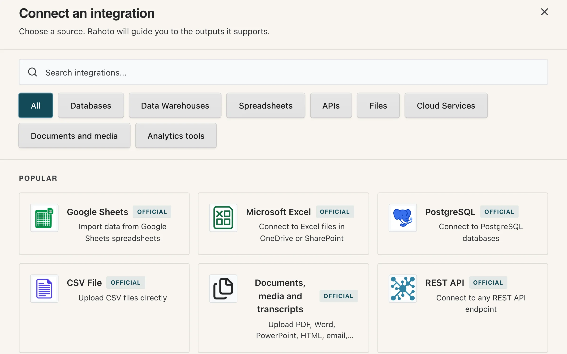 Rahoto’s integration catalogue with search, category filters and connector tiles for Google Sheets, Excel, PostgreSQL, CSV, documents and REST APIs